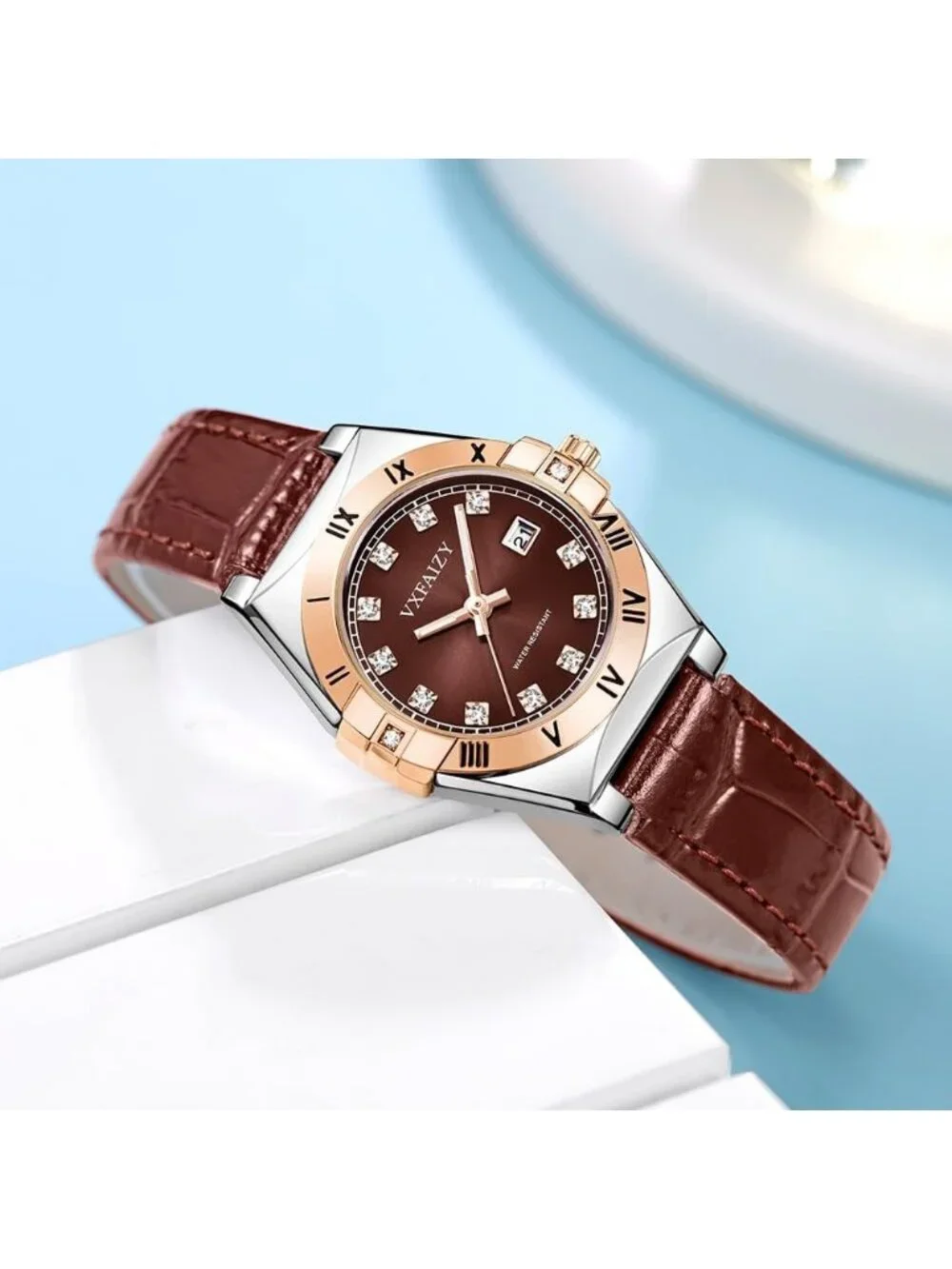 Women's Silver Brown Crystal Diamond Dial Genuine Leather Strap Wrist Watches